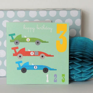 Age 3 - Three Racing Cars Birthday Card