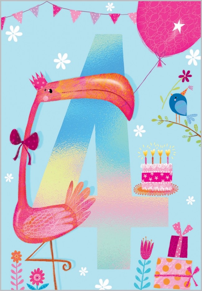 Age 4 - Flamingo Birthday Card