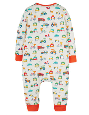 
            
                Load image into Gallery viewer, Frugi - Summer Zip Babygrow: Soft White Toot Toot
            
        