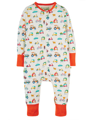 Frugi - Summer Zip Babygrow: Soft White Toot Toot